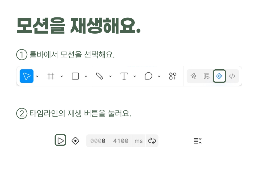 피그마 모션 모드 아이콘과 타임라인 재생 버튼을 초록색으로 표시한 실제 화면