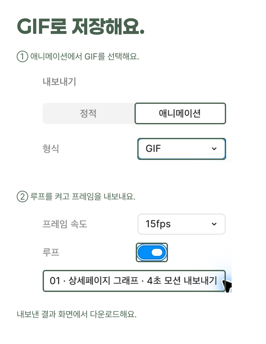 피그마 내보내기의 애니메이션, GIF 형식, 루프, 내보내기 버튼을 표시한 실제 화면